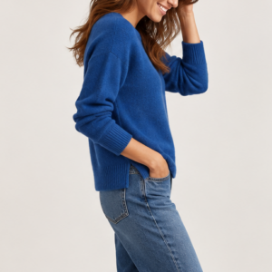 Pull cachemire col rond bleu