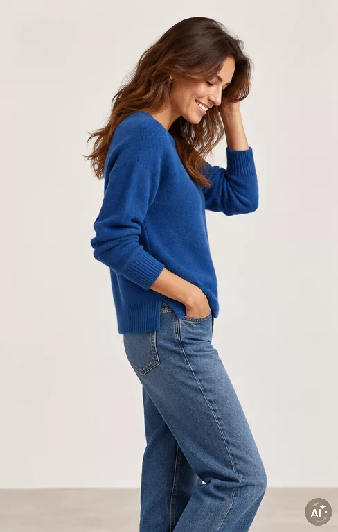 Pull cachemire col rond bleu