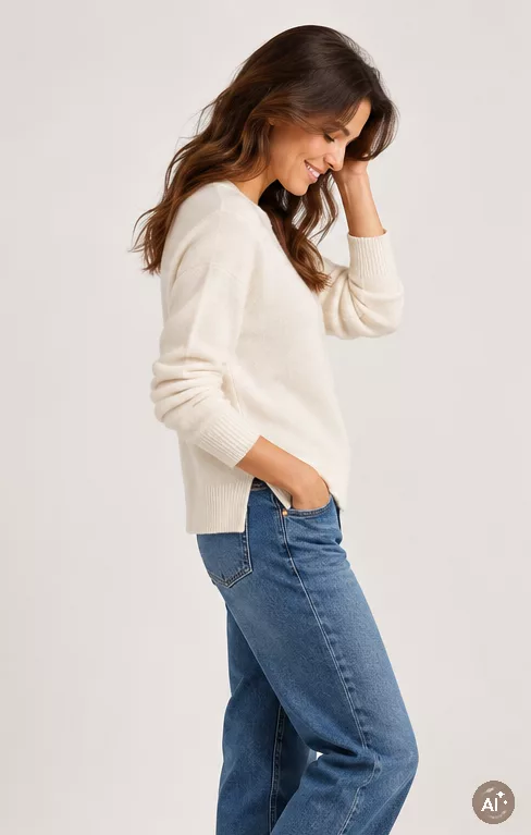 Pull cachemire col rond écru